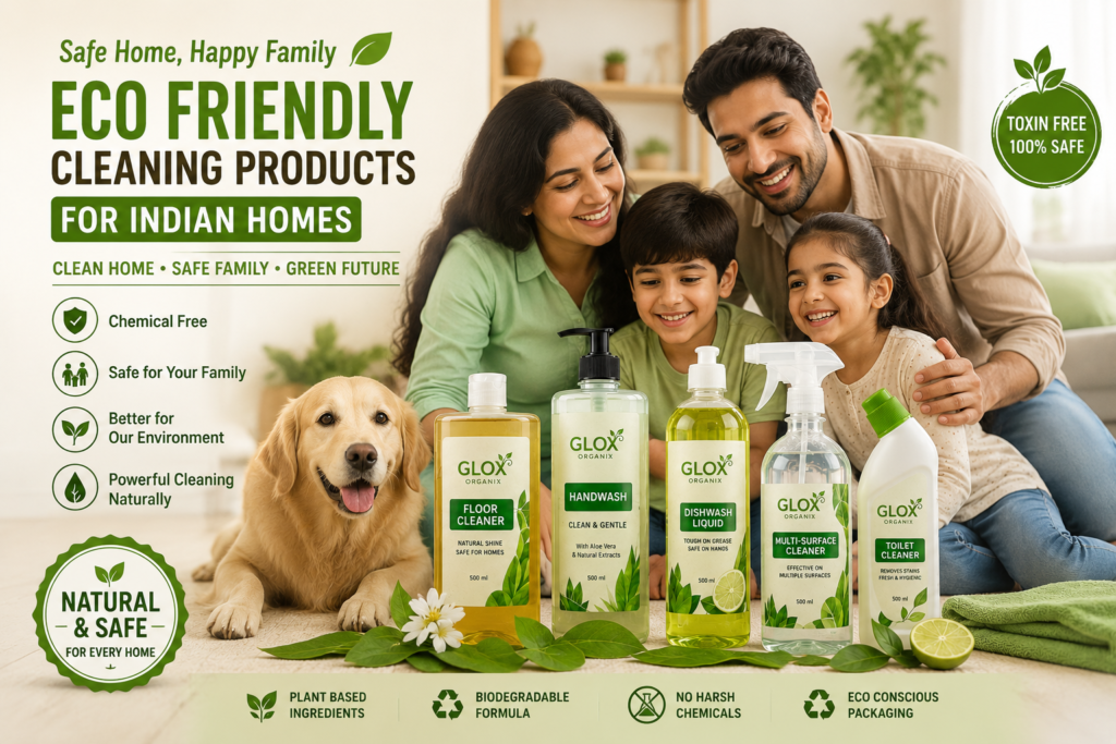 Happy Indian family with Glox Organix eco friendly cleaning products including floor cleaner, handwash, dishwash liquid, multi surface cleaner and toilet cleaner for a safe and healthy home.