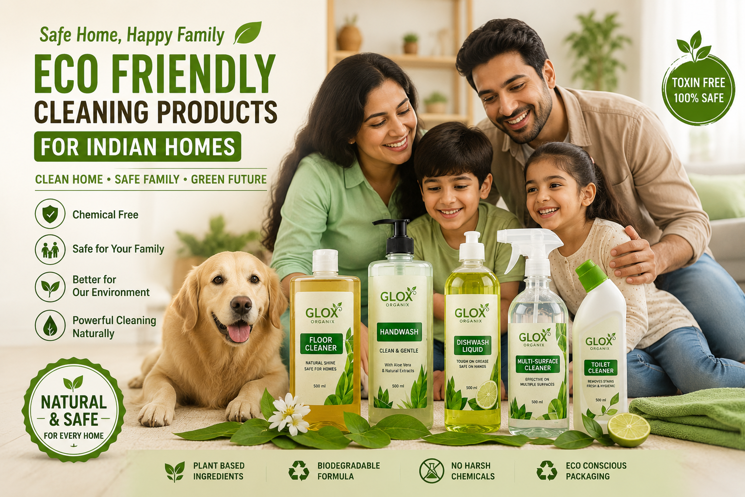 Glox Organix eco friendly cleaning products made with plant-based ingredients for safe and healthy home cleaning.
