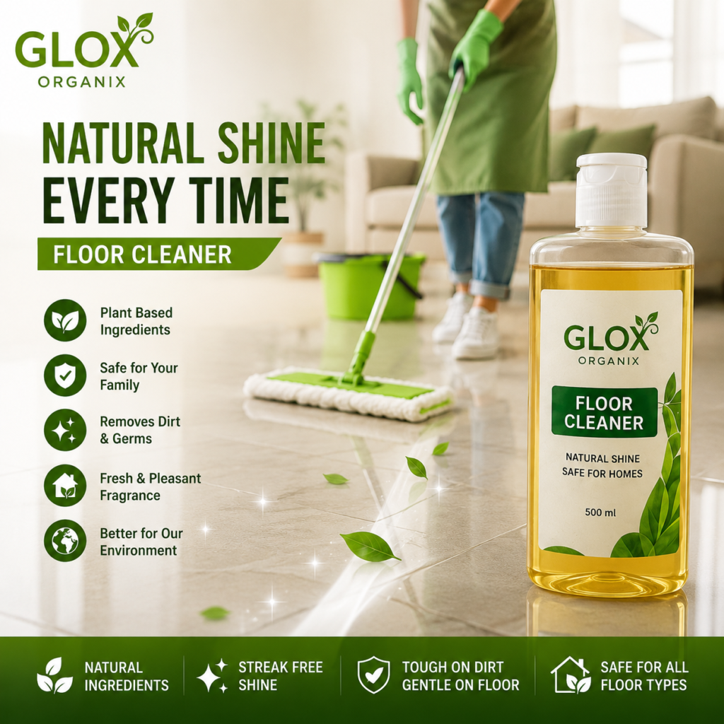 Person mopping the floor with Glox Organix Floor Cleaner, a natural plant based floor cleaning liquid that removes dirt, germs and leaves a streak free shine.