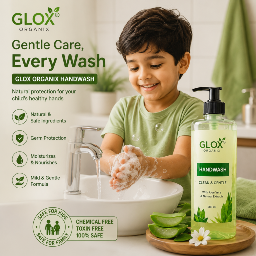 Young child washing hands with Glox Organix Handwash, a natural chemical free hand wash made with aloe vera for safe, gentle and effective daily hand hygiene.