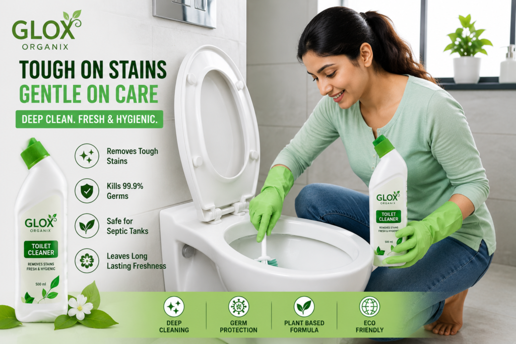 Woman cleaning a toilet with Glox Organix Toilet Cleaner, a natural toilet cleaning liquid that removes tough stains, kills germs, and keeps bathrooms fresh and hygienic.