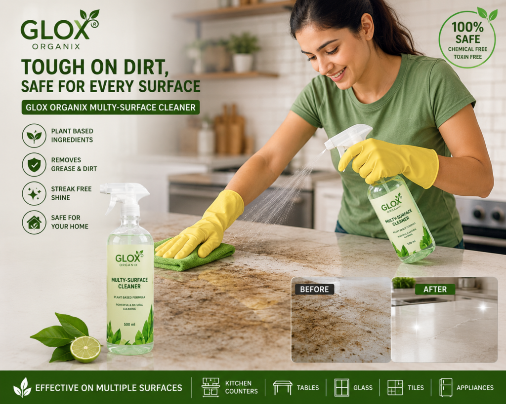 Woman cleaning a kitchen countertop with Glox Organix Multi Surface Cleaner, a plant based cleaner that removes grease, dirt and stains while leaving a streak free shine.