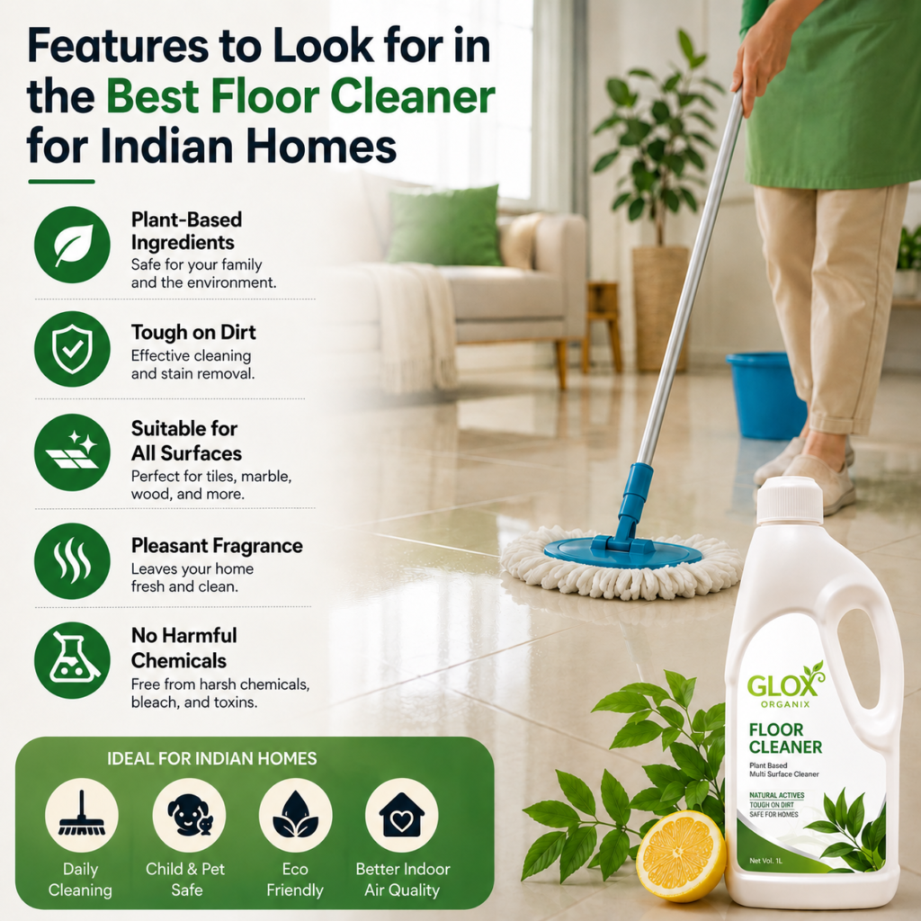 "Best floor cleaner for Indian homes infographic featuring Glox Organix plant-based floor cleaner with key cleaning benefits and a clean home scene."