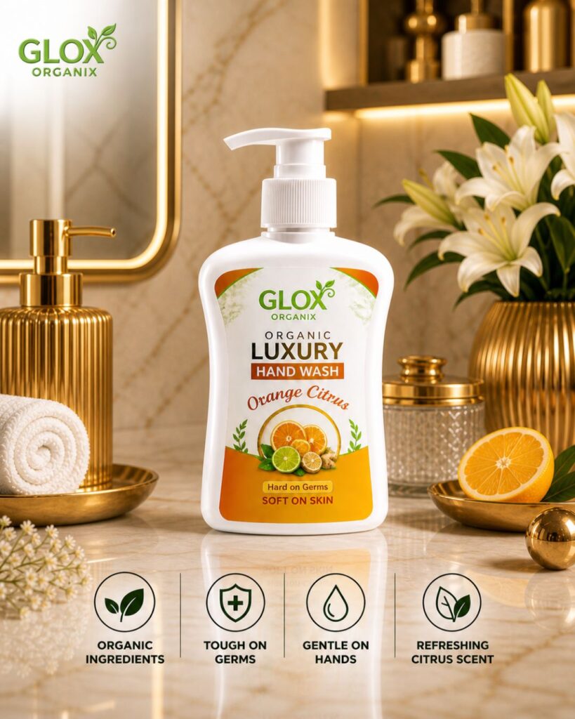 Glox Organix Organic Luxury Hand Wash Orange Citrus with organic ingredients for effective germ protection and soft, healthy hands.